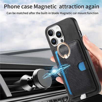 For iPhone 16 Pro Max Case Ring Kickstand Leather+TPU+PC Phone Cover Detachable 2-in-1 Card Holder