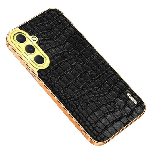For Samsung Galaxy S24 FE Case Crocodile Texture Electroplated TPU+Leather Phone Cover