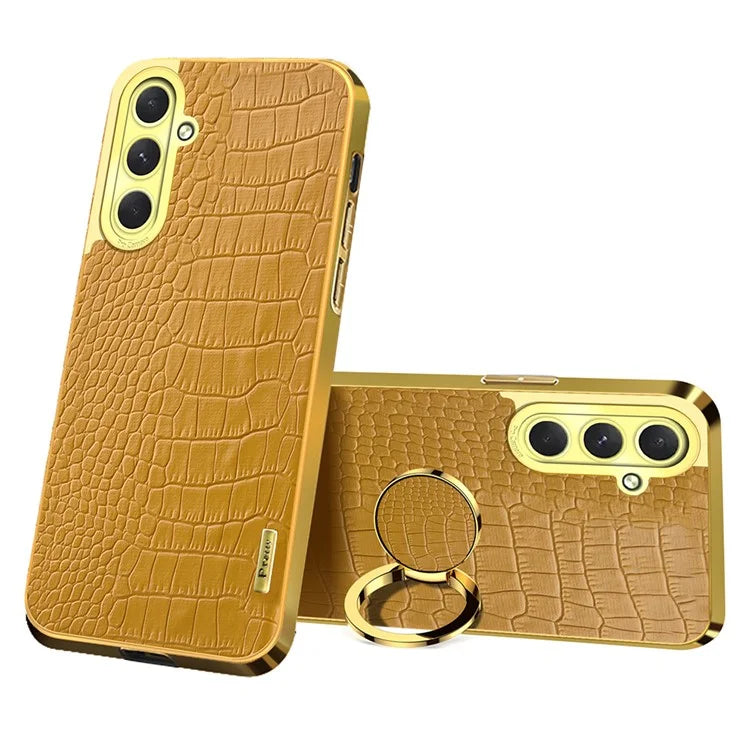 For Samsung Galaxy S24 FE Case Finger Ring Kickstand TPU+Leather 6D Electroplating Phone Cover