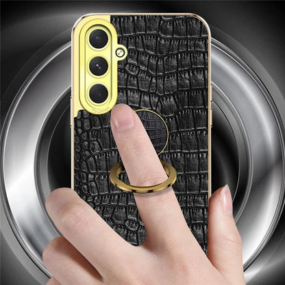 For Samsung Galaxy S24 FE Case Finger Ring Kickstand TPU+Leather 6D Electroplating Phone Cover