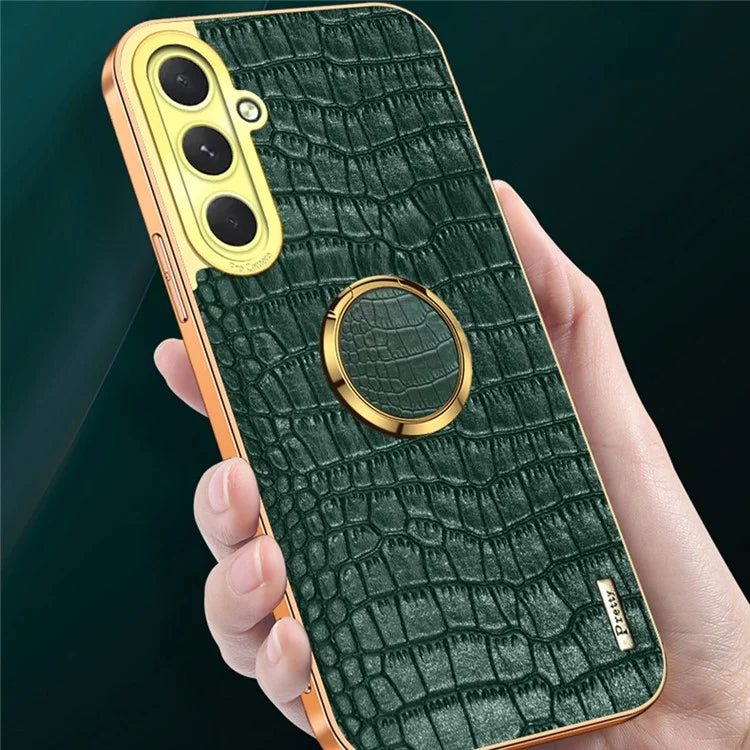 For Samsung Galaxy S24 FE Case Finger Ring Kickstand TPU+Leather 6D Electroplating Phone Cover