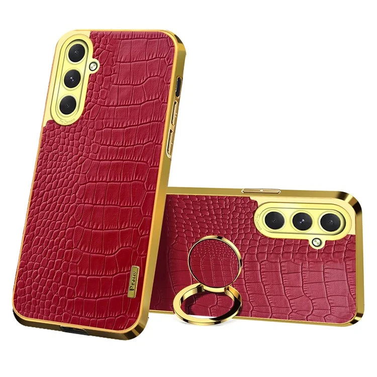 For Samsung Galaxy S24 FE Case Finger Ring Kickstand TPU+Leather 6D Electroplating Phone Cover