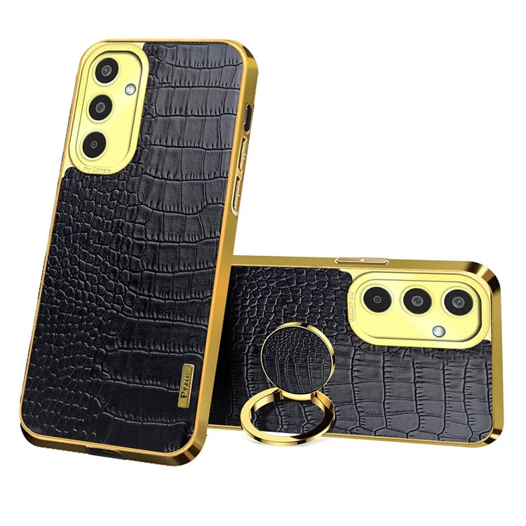 For Samsung Galaxy M35 5G Case Finger Ring Kickstand TPU+Leather 6D Electroplating Phone Cover