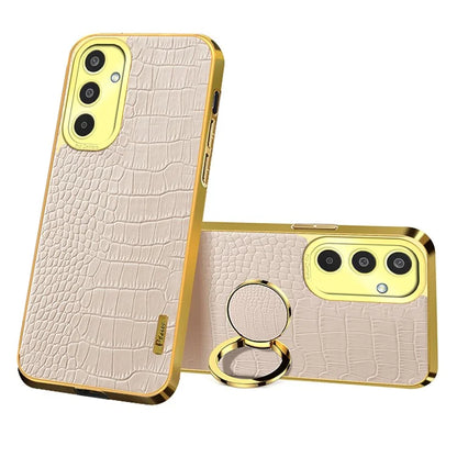 For Samsung Galaxy M35 5G Case Finger Ring Kickstand TPU+Leather 6D Electroplating Phone Cover