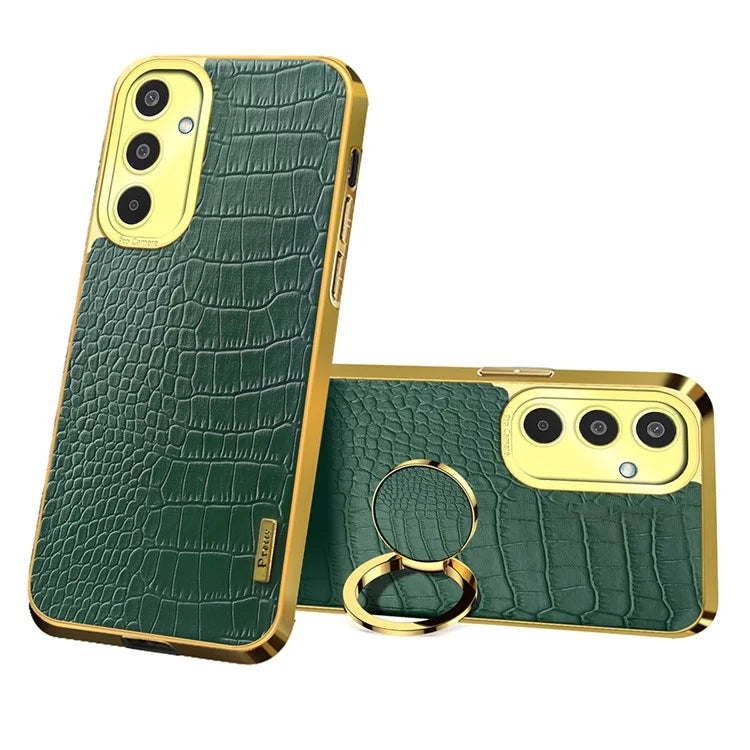 For Samsung Galaxy M35 5G Case Finger Ring Kickstand TPU+Leather 6D Electroplating Phone Cover