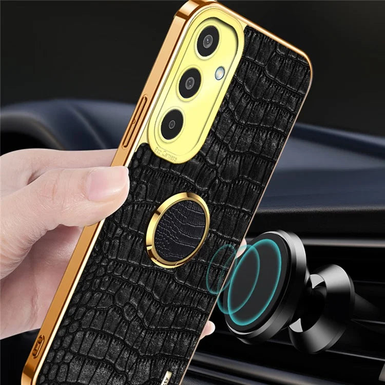 For Samsung Galaxy M35 5G Case Finger Ring Kickstand TPU+Leather 6D Electroplating Phone Cover