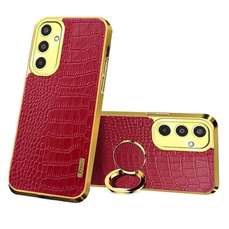 For Samsung Galaxy M35 5G Case Finger Ring Kickstand TPU+Leather 6D Electroplating Phone Cover