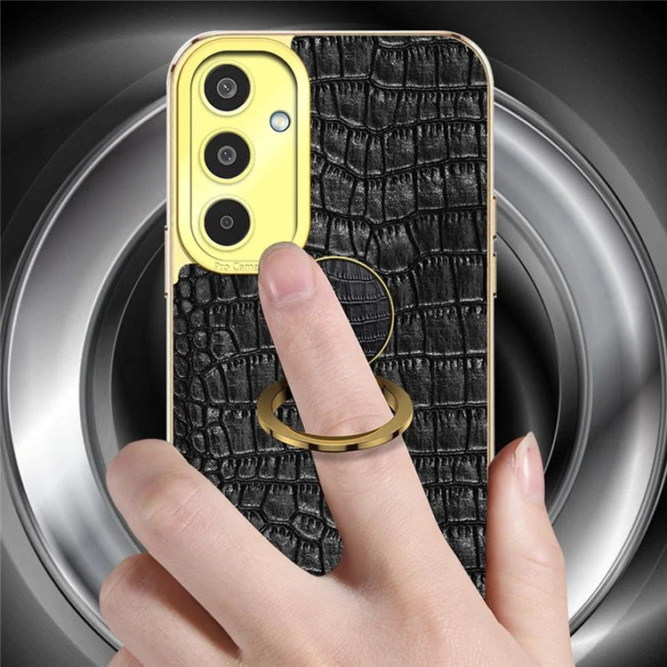 For Samsung Galaxy M35 5G Case Finger Ring Kickstand TPU+Leather 6D Electroplating Phone Cover