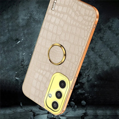 For Samsung Galaxy M35 5G Case Finger Ring Kickstand TPU+Leather 6D Electroplating Phone Cover