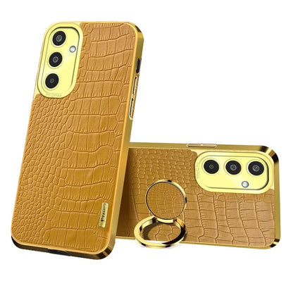 For Samsung Galaxy M35 5G Case Finger Ring Kickstand TPU+Leather 6D Electroplating Phone Cover
