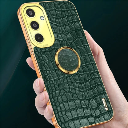 For Samsung Galaxy M35 5G Case Finger Ring Kickstand TPU+Leather 6D Electroplating Phone Cover