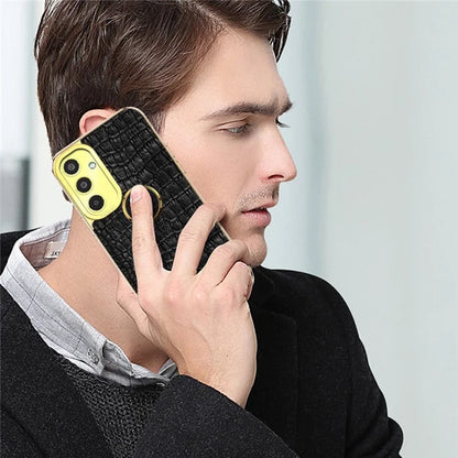 For Samsung Galaxy M35 5G Case Finger Ring Kickstand TPU+Leather 6D Electroplating Phone Cover
