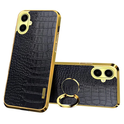 For Samsung Galaxy A06 Case Finger Ring Kickstand TPU+Leather 6D Electroplating Phone Cover