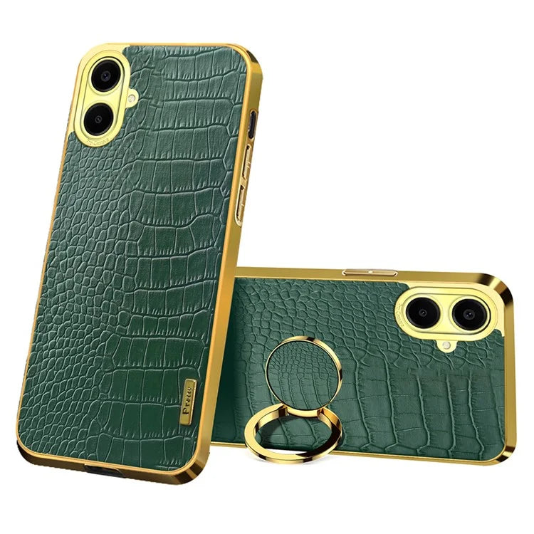 For Samsung Galaxy A06 Case Finger Ring Kickstand TPU+Leather 6D Electroplating Phone Cover