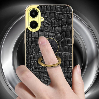 For Samsung Galaxy A06 Case Finger Ring Kickstand TPU+Leather 6D Electroplating Phone Cover