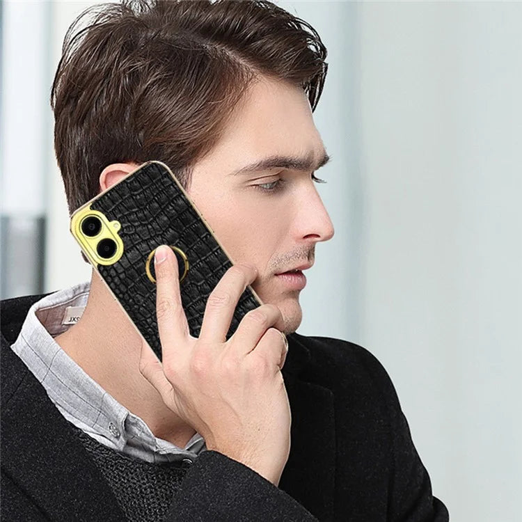 For Samsung Galaxy A06 Case Finger Ring Kickstand TPU+Leather 6D Electroplating Phone Cover