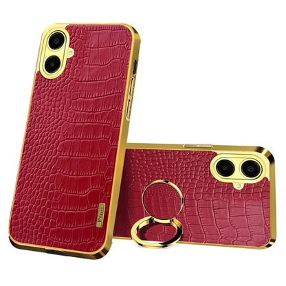 For Samsung Galaxy A06 Case Finger Ring Kickstand TPU+Leather 6D Electroplating Phone Cover