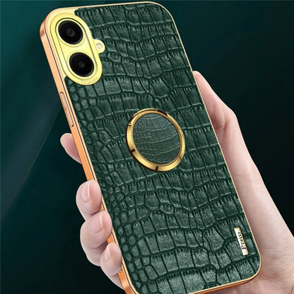 For Samsung Galaxy A06 Case Finger Ring Kickstand TPU+Leather 6D Electroplating Phone Cover
