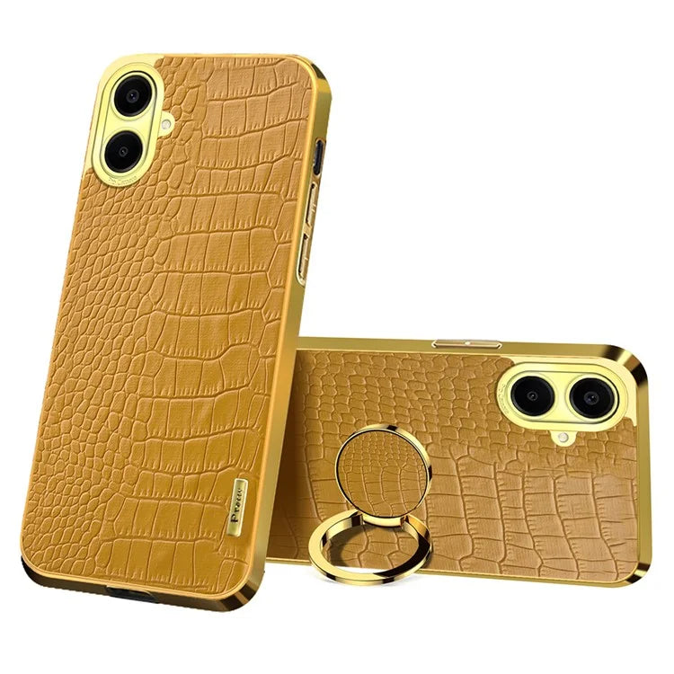 For Samsung Galaxy A06 Case Finger Ring Kickstand TPU+Leather 6D Electroplating Phone Cover