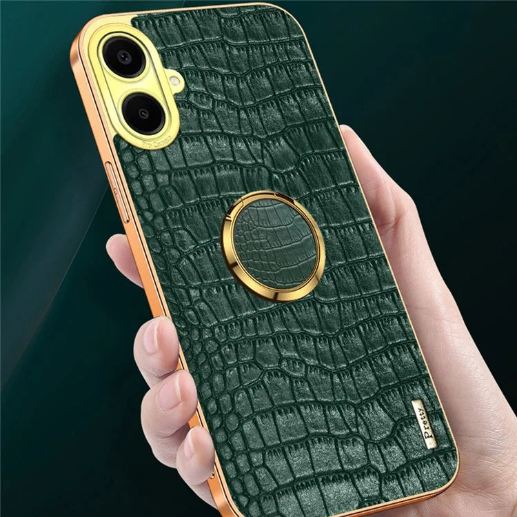 For Samsung Galaxy A06 Case Finger Ring Kickstand TPU+Leather 6D Electroplating Phone Cover
