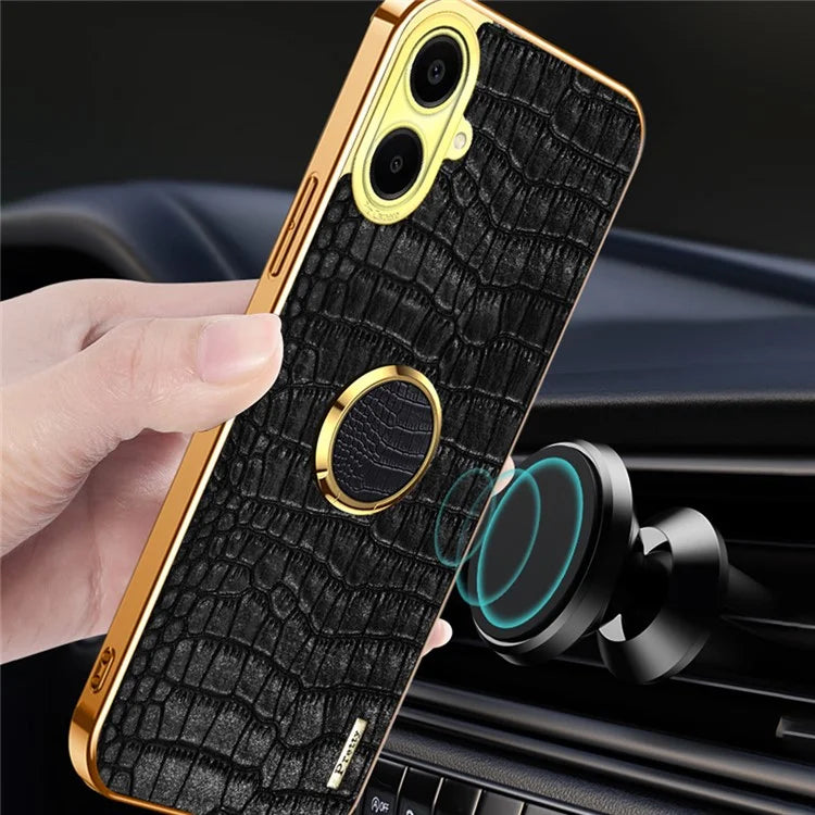 For Samsung Galaxy A06 Case Finger Ring Kickstand TPU+Leather 6D Electroplating Phone Cover