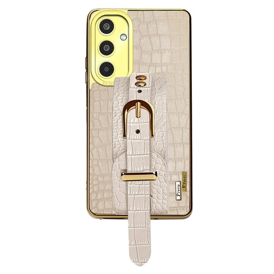 For Samsung Galaxy M35 5G Case Wristband Kickstand PU Leather+TPU 6D Electroplating Phone Cover
