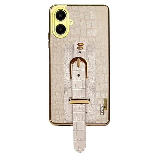 For Samsung Galaxy A06 Case Wristband Kickstand PU Leather+TPU 6D Electroplating Phone Cover
