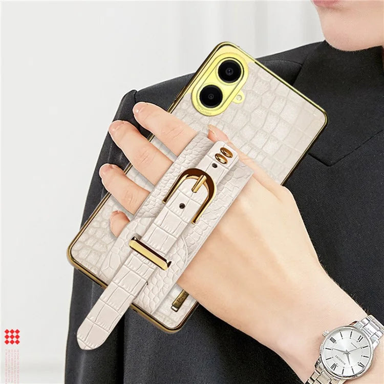 For Samsung Galaxy A06 Case Wristband Kickstand PU Leather+TPU 6D Electroplating Phone Cover
