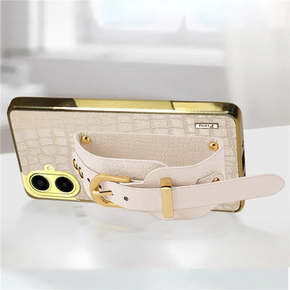 For Samsung Galaxy A06 Case Wristband Kickstand PU Leather+TPU 6D Electroplating Phone Cover
