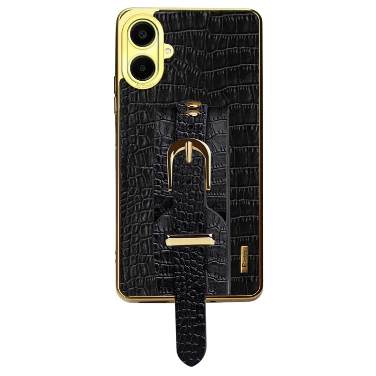 For Samsung Galaxy A06 Case Wristband Kickstand PU Leather+TPU 6D Electroplating Phone Cover