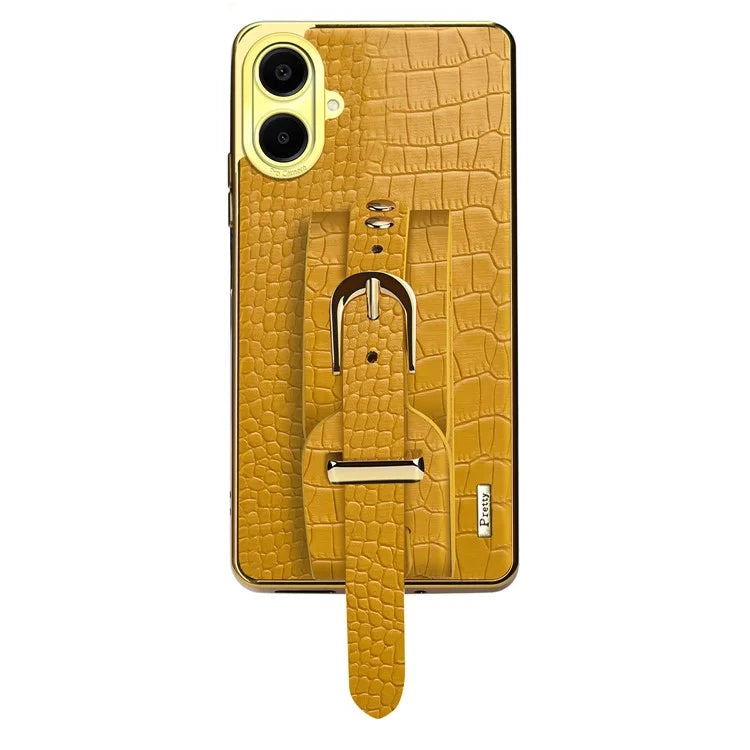 For Samsung Galaxy A06 Case Wristband Kickstand PU Leather+TPU 6D Electroplating Phone Cover