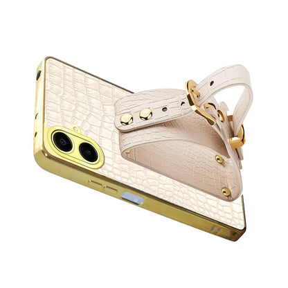 For Samsung Galaxy A06 Case Wristband Kickstand PU Leather+TPU 6D Electroplating Phone Cover