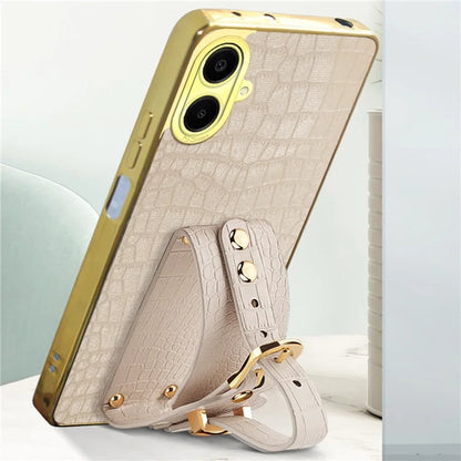 For Samsung Galaxy A06 Case Wristband Kickstand PU Leather+TPU 6D Electroplating Phone Cover