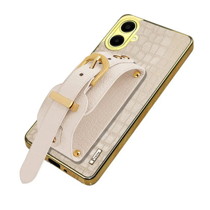 For Samsung Galaxy A06 Case Wristband Kickstand PU Leather+TPU 6D Electroplating Phone Cover