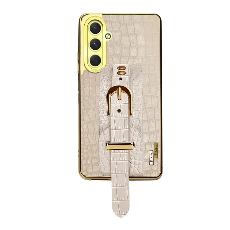 For Samsung Galaxy S24 FE Case Wristband Kickstand PU Leather+TPU 6D Electroplating Phone Cover