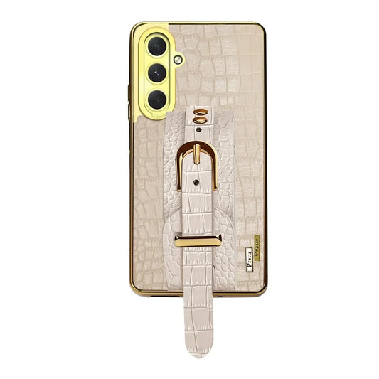 For Samsung Galaxy S24 FE Case Wristband Kickstand PU Leather+TPU 6D Electroplating Phone Cover