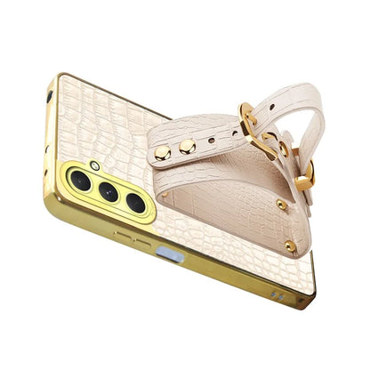 For Samsung Galaxy S24 FE Case Wristband Kickstand PU Leather+TPU 6D Electroplating Phone Cover