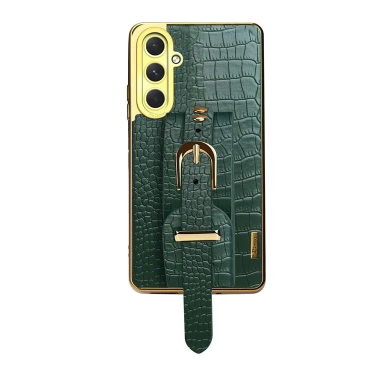 For Samsung Galaxy S24 FE Case Wristband Kickstand PU Leather+TPU 6D Electroplating Phone Cover