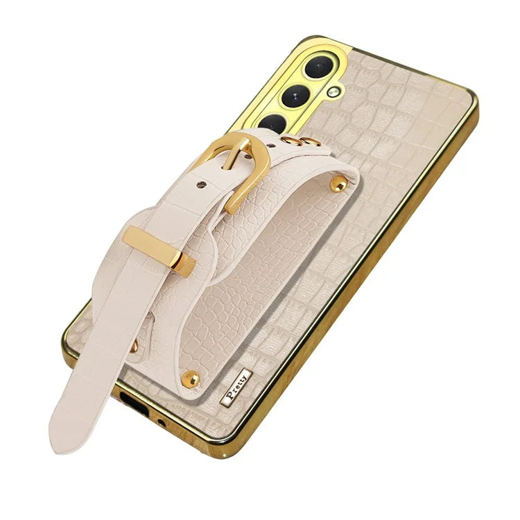 For Samsung Galaxy S24 FE Case Wristband Kickstand PU Leather+TPU 6D Electroplating Phone Cover