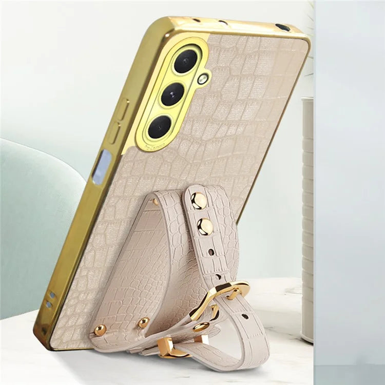 For Samsung Galaxy S24 FE Case Wristband Kickstand PU Leather+TPU 6D Electroplating Phone Cover