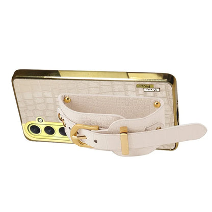 For Samsung Galaxy S24 FE Case Wristband Kickstand PU Leather+TPU 6D Electroplating Phone Cover