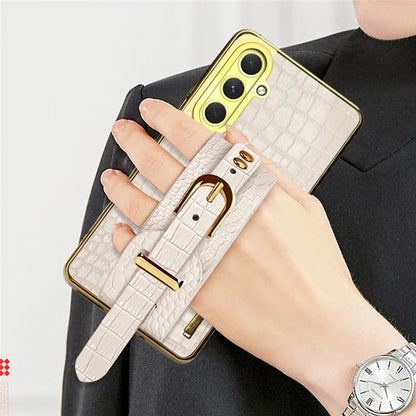 For Samsung Galaxy S24 FE Case Wristband Kickstand PU Leather+TPU 6D Electroplating Phone Cover