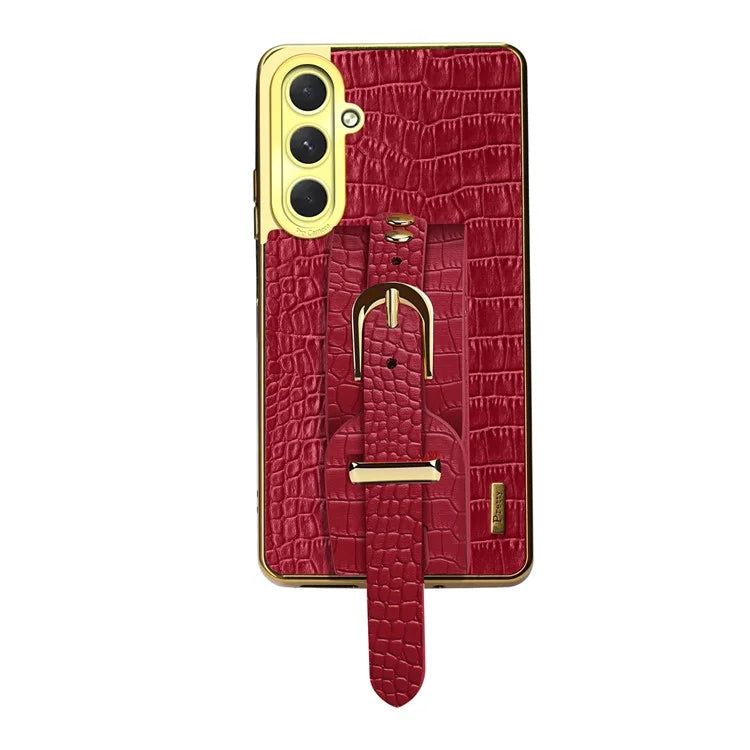 For Samsung Galaxy S24 FE Case Wristband Kickstand PU Leather+TPU 6D Electroplating Phone Cover