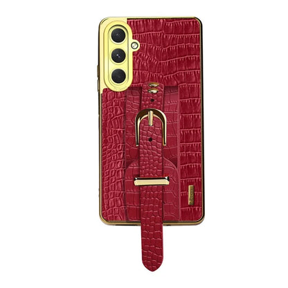 For Samsung Galaxy S24 FE Case Wristband Kickstand PU Leather+TPU 6D Electroplating Phone Cover