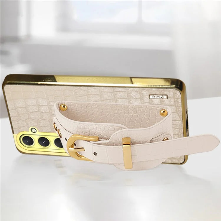 For Samsung Galaxy S24 FE Case Wristband Kickstand PU Leather+TPU 6D Electroplating Phone Cover