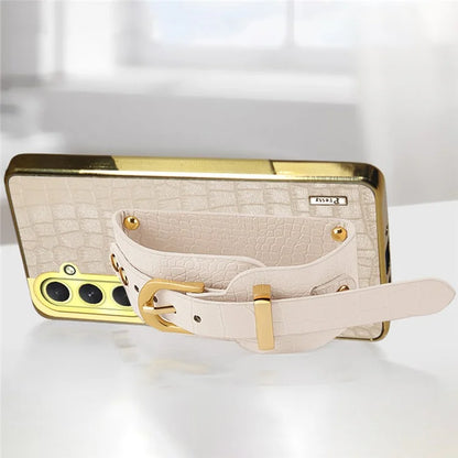 For Samsung Galaxy S24 FE Case Wristband Kickstand PU Leather+TPU 6D Electroplating Phone Cover
