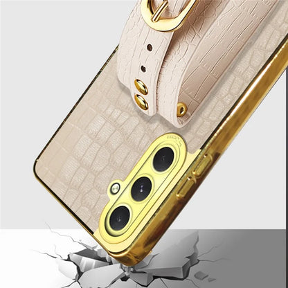 For Samsung Galaxy S24 FE Case Wristband Kickstand PU Leather+TPU 6D Electroplating Phone Cover