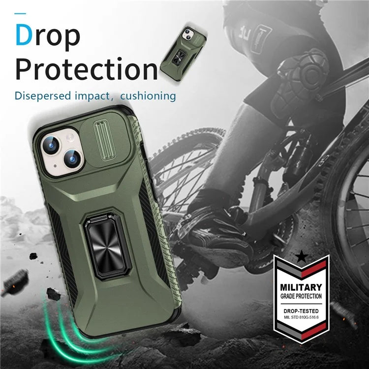 For iPhone 15 Case Camshield Kickstand TPU+PC Anti-Slip Phone Cover
