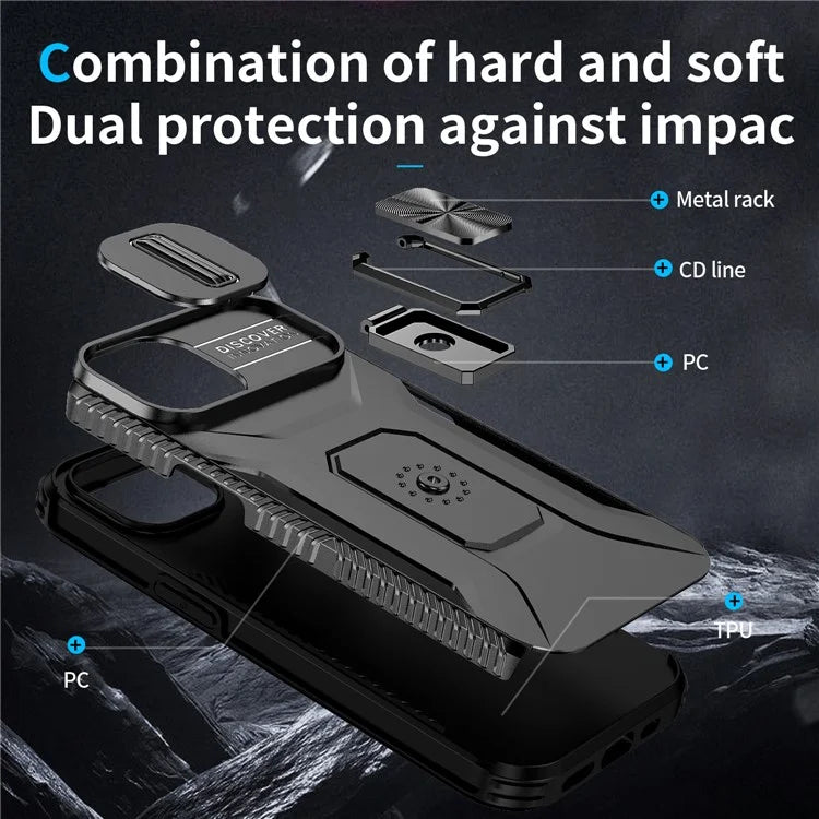 For iPhone 15 Case Camshield Kickstand TPU+PC Anti-Slip Phone Cover