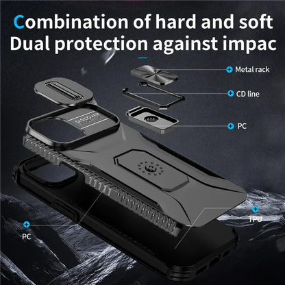 For iPhone 15 Case Camshield Kickstand TPU+PC Anti-Slip Phone Cover